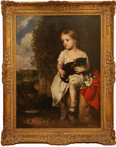 JOHN OPIE  (BRITISH, 1761-1807), OIL ON CANVAS,  H 36", W 28", PORTRAIT OF A YOUNG GIRL WITH A CAT 