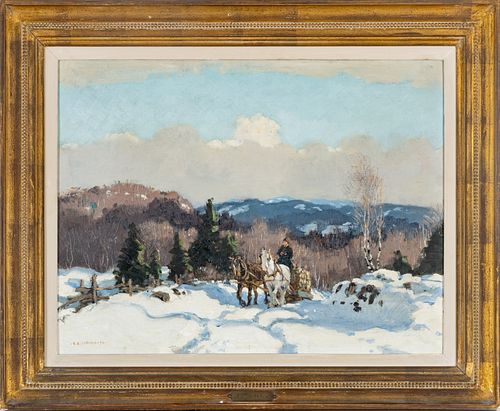 FREDERICK SIMPSON COBURN (CANADIAN, 1871-1960), OIL ON CANVAS, 1934, H 18", W 24", WINTER IN THE LAURENTIANS 