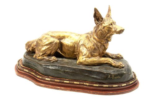 FRENCH DORÉ BRONZE GERMAN SHEPHERD SCULPTURE SIGNED 'A.B. ARTE', LATE 19TH/EARLY 20TH C., H 11". W 6.5", L 20" 
