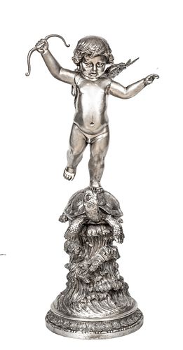 SILVERED STEEL FOUNTAIN, 20TH C, H 35", W 15", CUPID ON A TURTLE 