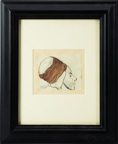 JOSEPH STELLA (AMERICAN, 1877–1946) PENCIL AND WATERCOLOR ON PAPER TIPPED TO SECONDARY PAPER, H 3.5" W 4" MAN IN TURBAN 