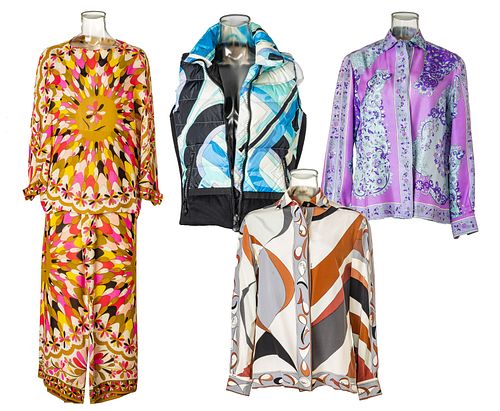 EMILIO PUCCI (ITALIAN, 1914–1992) SILK SHIRT WITH MATCHING PANTS; TWO BLOUSES; VEST 5 PCS 