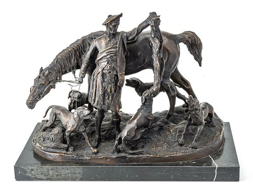 AFTER PIERRE JULES MENE (FRENCH, 1810-1879) BRONZE SCULPTURE, H 11", L 13.5", THE FOX HUNT 