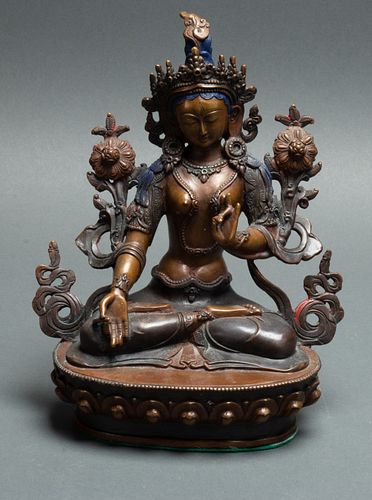 INDIAN COLD PAINTED BRONZE SCULPTURE, 20TH C, H 9", W 7", DEITY 