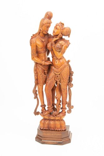 INDIAN CARVED WOOD SCULPTURE, H 18.5" DIA 2.5", LORD SHIVA AND PARVATI 