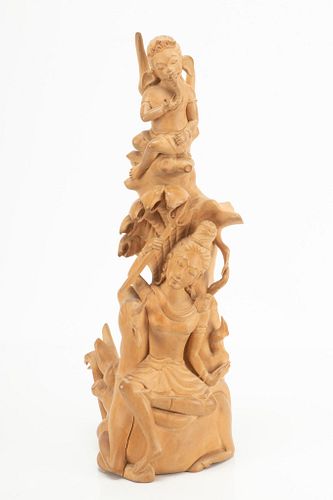INDIAN CARVED WOOD SCULPTURE H 13.25", W 4.75", SHIVA AND CHILD WITH ELEPHANT TRUNK 