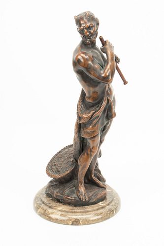 BRONZE PATINATED SCULPTURE, H 12.5", W 4.25", FAUN WITH FLUTE 
