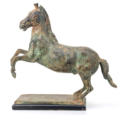 HAN DYNASTY STYLE BRONZE PATINATED METAL SCULPTURE, H 17.75", W 18.75", HORSE 