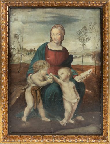 AFTER RAPHAEL, OIL ON WOOD PANEL, H 22", W 15.5", MADONNA AND CHILD WITH SAINT JOHN THE BAPTIST 