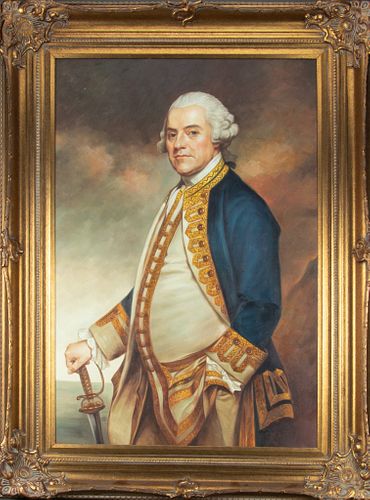 AFTER GEORGE ROMNEY OIL ON CANVAS, 20TH C., H 37", W 29", PORTRAIT OF SIR CHARLES HARDY 