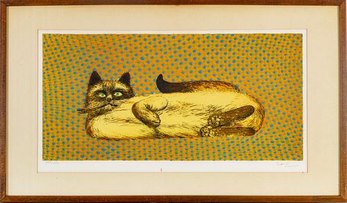 JUVENAL SANSO (PHILIPPINES, B. 1929) COLOR LITHOGRAPH ON PAPER, C. 1970, H 12", W 24", FAT CAT 