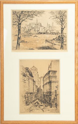 ANTON SCHUTZ (USA/GERMAN, 1894–77) ETCHINGS ON JAPAN PAPER, CIRCA 1927-29, GROUP OF TWO, H 10", 14" W 14", 10" HUDSON ESTUARY; CITY HALL PARK 