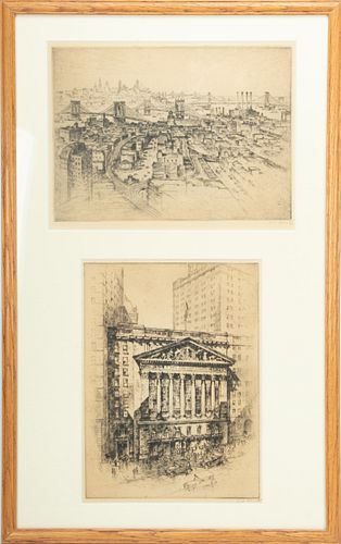 ANTON SCHUTZ (USA/GERMAN, 1894–77) ETCHINGS ON JAPAN PAPER, CIRCA 1929 GROUP OF TWO, H 10", 14" W 14', 10" THE FOUR BRIDGES; HEART OF FINANCE (NY STOC