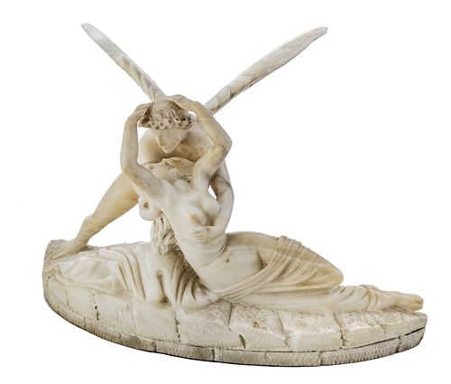 ITALIAN CARVED ALABASTER SCULPTURE, H 15", L 20", PSYCHE REVIVED BY CUPID'S KISS 