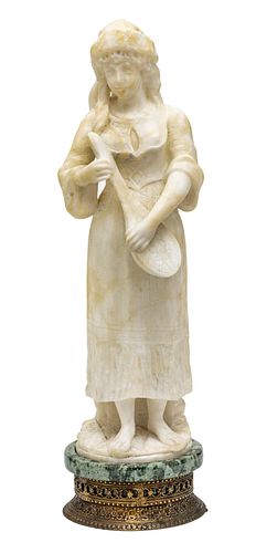 ITALIAN CARVED ALABASTER, WOMAN WITH MANDOLIN H 18" DIA 5" 