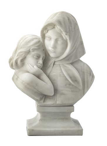 ITALIAN CARVED ALABASTER SCULPTURE, H 11", W 8", MOTHER AND CHILD 