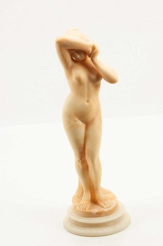 ITALIAN CARVED ALABASTER SCULPTURE, H 11.25", DIA 3.5", YOUNG FEMALE NUDE 