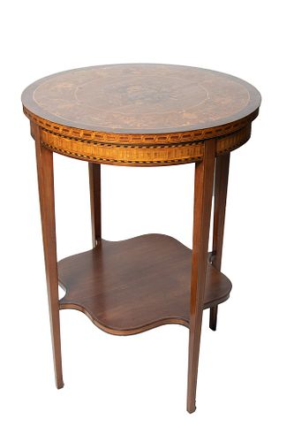 WALNUT AND SATINWOOD ROUND TABLE,  H 29" DIA 21" 