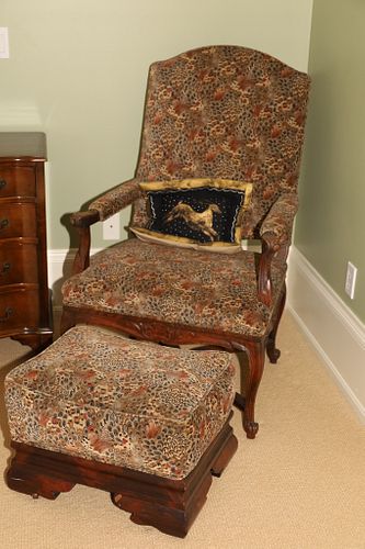 OPEN ARM CHAIR AND OTTOMAN, H 44", W 26", D 36" 