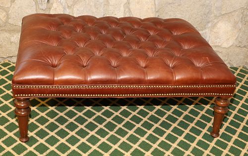 MAHOGANY AND BROWN LEATHER OTTOMAN, H 16", W 32", L 42"