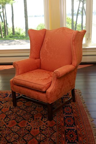 MAHOGANY UPHOLSTERED WING BACK CHAIR, H 41", W 33", D 34"