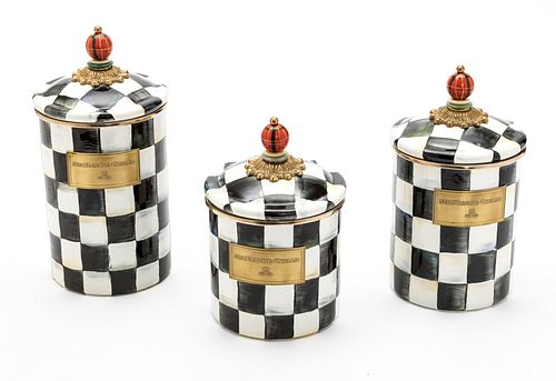 MACKENZIE-CHILDS (AMERICAN) COURTLY CHECKER CANISTERS: LARGE, MEDIUM, SMALL 3 PCS H 7.5"-10" DIA 5" 