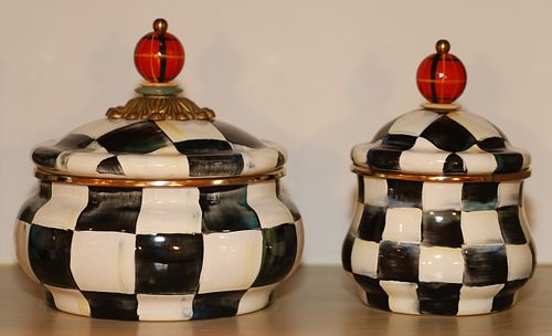MACKENZIE-CHILDS (AMERICAN) COURTLY CHECKER ENAMEL SQUASHED POT CANISTERS, 2 PCS., H 5.5"-5.75" 