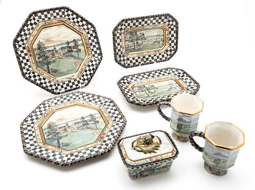 MACKENZIE-CHILDS (AMERICAN) MACLACHLAN EDITION CERAMIC OCTAGONAL AND RECTANGULAR PLATES, WITH TWO COFFEE CUPS AND COVERED DISH 7 PCS. 