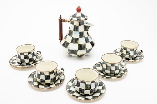 MACKENZIE-CHILDS  (AMERICAN) COURTLY CHECK ENAMEL TEA CUPS, SAUCERS AND TEA POT GROUP OF TWELVE H 3-10.5" DIA 3.5-7.5" 