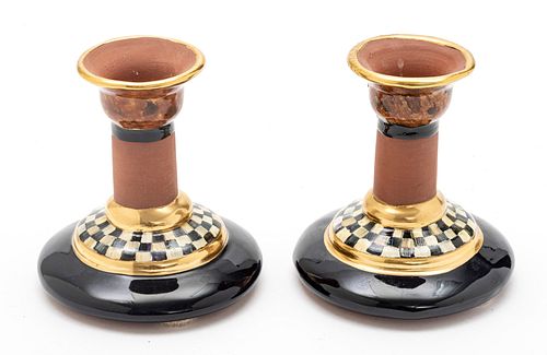 MACKENZIE-CHILDS  (AMERICAN) TERRACOTTA EARTHENWARE COURTLY CHECK CANDLESTICKS PAIR H 4.75" DIA 4.25" 