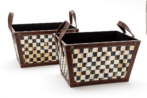 MACKENZIE-CHILDS (AMERICAN) COURTLY CHECKER LINEN, LEATHER AND WOOD STORAGE BOXES, PAIR, H 13", W 11", L 16" 