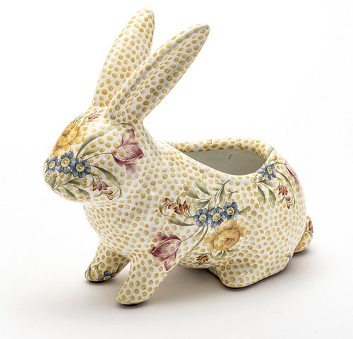 MACKENZIE-CHILDS (AMERICAN) RABBIT PLANTER IN MUSTARD AND FLORAL MOTIF  H 9.5" L 10" 