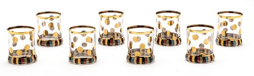 MACKENZIE-CHILDS (AMERICAN) FOXTROT TUMBLERS, EIGHT PIECES, H 3 3/4", DIA 3 1/4" 