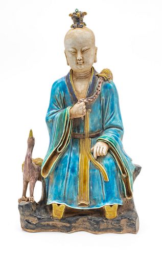 CHINESE SANCAI STYLE EARTHENWARE SEATED LOHAN FIGURE, H 17 1/2", W 10", D 6" 
