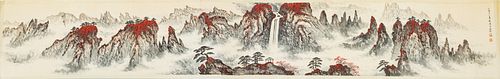 CHINESE WATERCOLOR ON PAPER SCROLL, W 18", L 9' 10", SPRINGTIME, GUILIN MOUNTAINS 