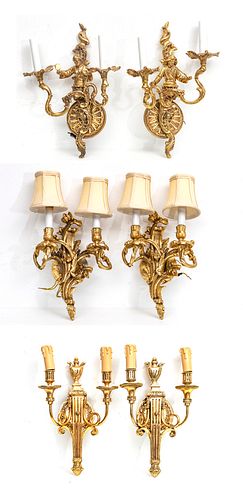 FRENCH EMPIRE STYLE GOLD PATINATED METAL TWO LIGHT SCONCES 3 PAIRS H 12" - 15.5" 
