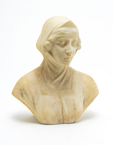 ITALIAN CARVED MARBLE BUST, SIGNED H 10.75", W 9", WOMAN 