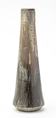 PEWABIC POTTERY (AMERICAN, 1903) IRIDESCENT HIGH DRIP OVER MATTE GLAZED CERAMIC VASE H 15.75" DIA 6" 