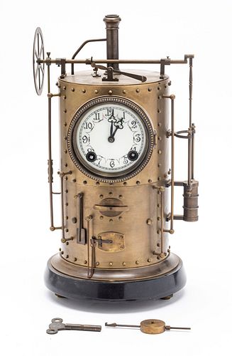 BRASS INDUSTRIAL STYLE CLOCK, 20TH C., H 17", DIA 9" 