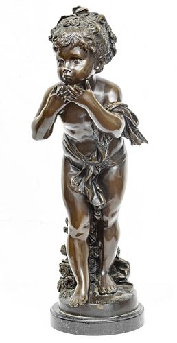 AFTER AUGUSTE MOREAU (FRENCH, 1834-1917) BRONZE SCULPTURE, H 25", W 8", GIRL BLOWING A KISS 