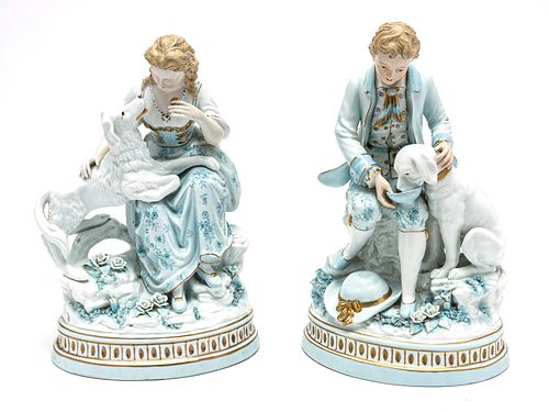 PORCELAIN FIGURES YOUNG LADY AND MAN WITH DOGS PAIR H 15" 