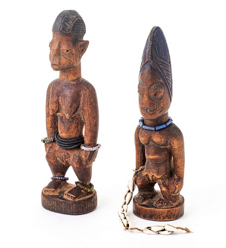 AFRICAN CARVED WOOD IBEJI FIGURES, TWO PIECES, H 11" AND 10 1/2" 