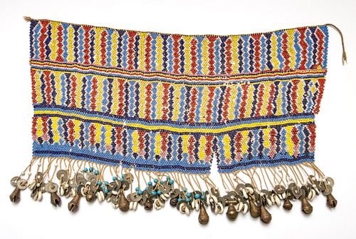 WEST AFRICAN BEADED CEREMONIAL APRON, H 11", W 25" 