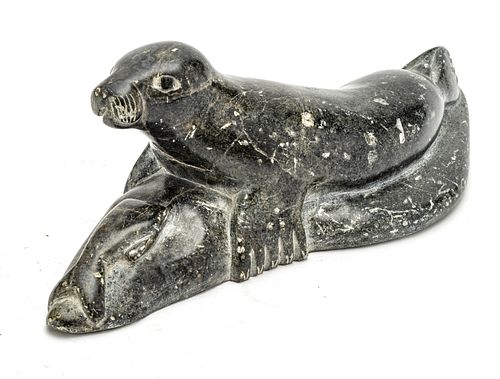 INUIT 'SEMEONIE' STONE SCUPTURE, 1975, H 3", W 4", L 10", SEAL WITH FISH 