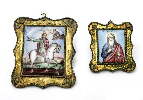 RUSSIAN ORTHODOX ICONS ON PORCELAIN, 19TH.C. TWO H 3" 