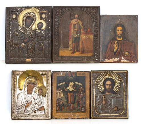 RUSSIAN ICONS HAND PAINTED ON WOOD, LOT OF SIX. H 10" - 8" 