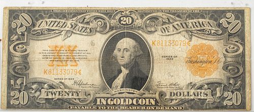 U.S, $20.DOLLAR 'IN GOLD COIN' PAPER CURRENCY GEORGE WASHINGTON 1922 SERIAL # K-81133079 SPEELMAN & WHITE (1) H 3.5" W 8"CASE 