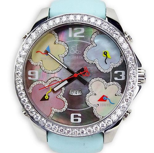 Circa 2000s Jacob & Co Five Time Zone Stainless Steel Quartz Movement Watch with Diamond Bezel and extra bezel (no diamonds),