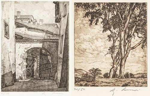 LUIGI LUCIONI (AMERICAN/ITALIAN, 1900–1988) ETCHINGS ON PAPER, 1954; 1978 GROUP OF TWO, SHADOWS IN LOMBARDY; HILLTOP ELMS 