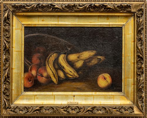 BAUER, OIL ON CANVAS, H 11", W 18", BANANAS AND PEACHES 